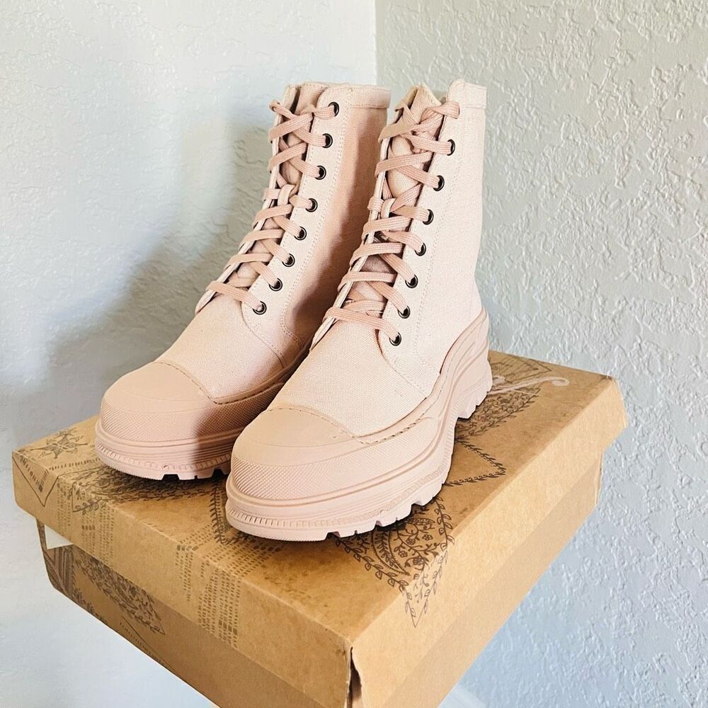 FREE PEOPLE Camp Out Canvas‎ Combat Boot, Natural, Tan/Pink, Size 8, NWT - Picture 6 of 16